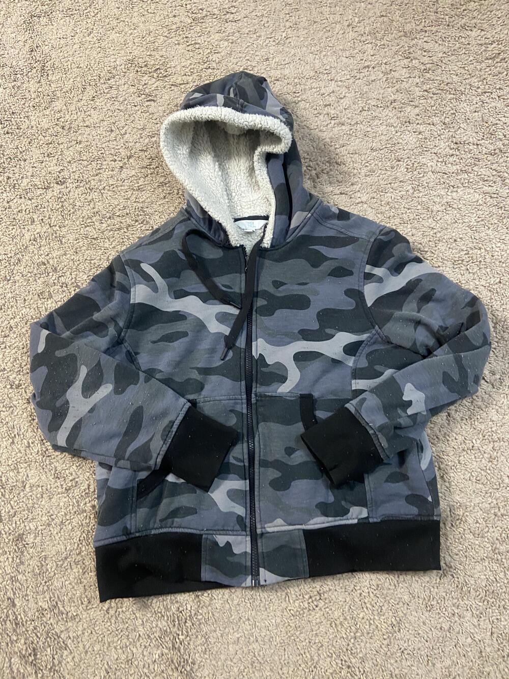 Time And Tru Hoodie Youth Medium Gray Camo Sherpa Lined Zip Jacket Sweatshirt